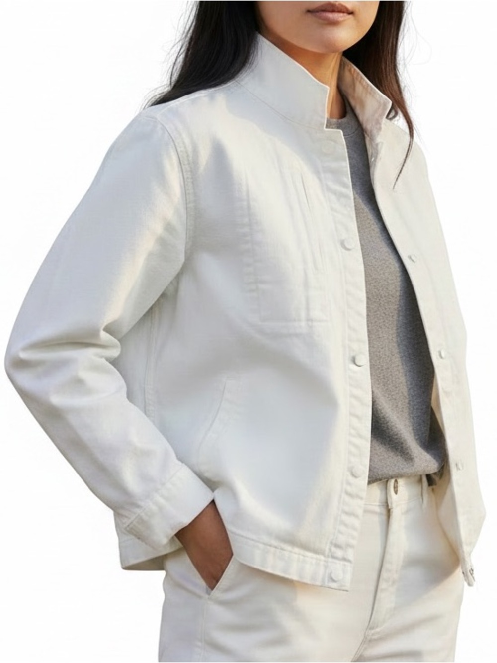 Eileen Fisher White Stand-Collar Short Canvas Utility Jacket | Size L
